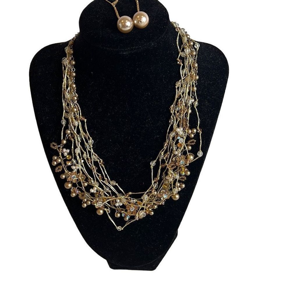 Necklace and Earring Set Rhinestones Gold Faux Pearls
